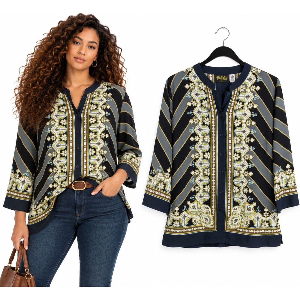 Bob Mackie Wearable Art Button Front Shirt Blouse Small Bombay Placement Print
